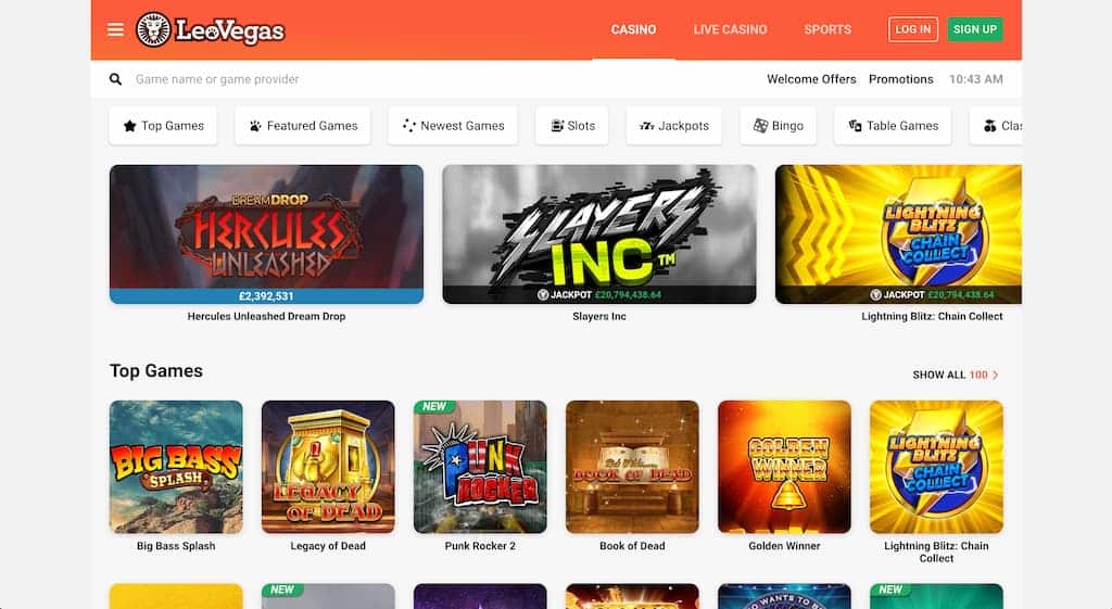 LeoVegas casino front page